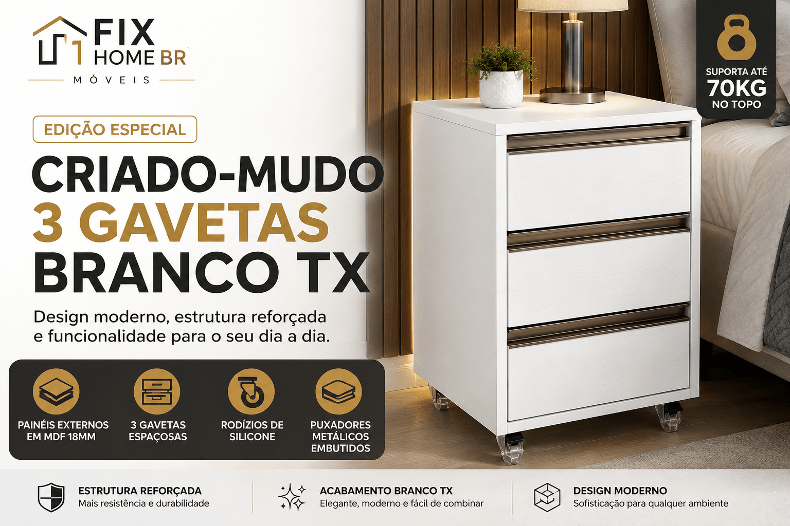 Criado-Mudo 3 Gavetas Branco TX: Design Sofisticado, Estrutura Reforçada e Máxima Funcionalidade