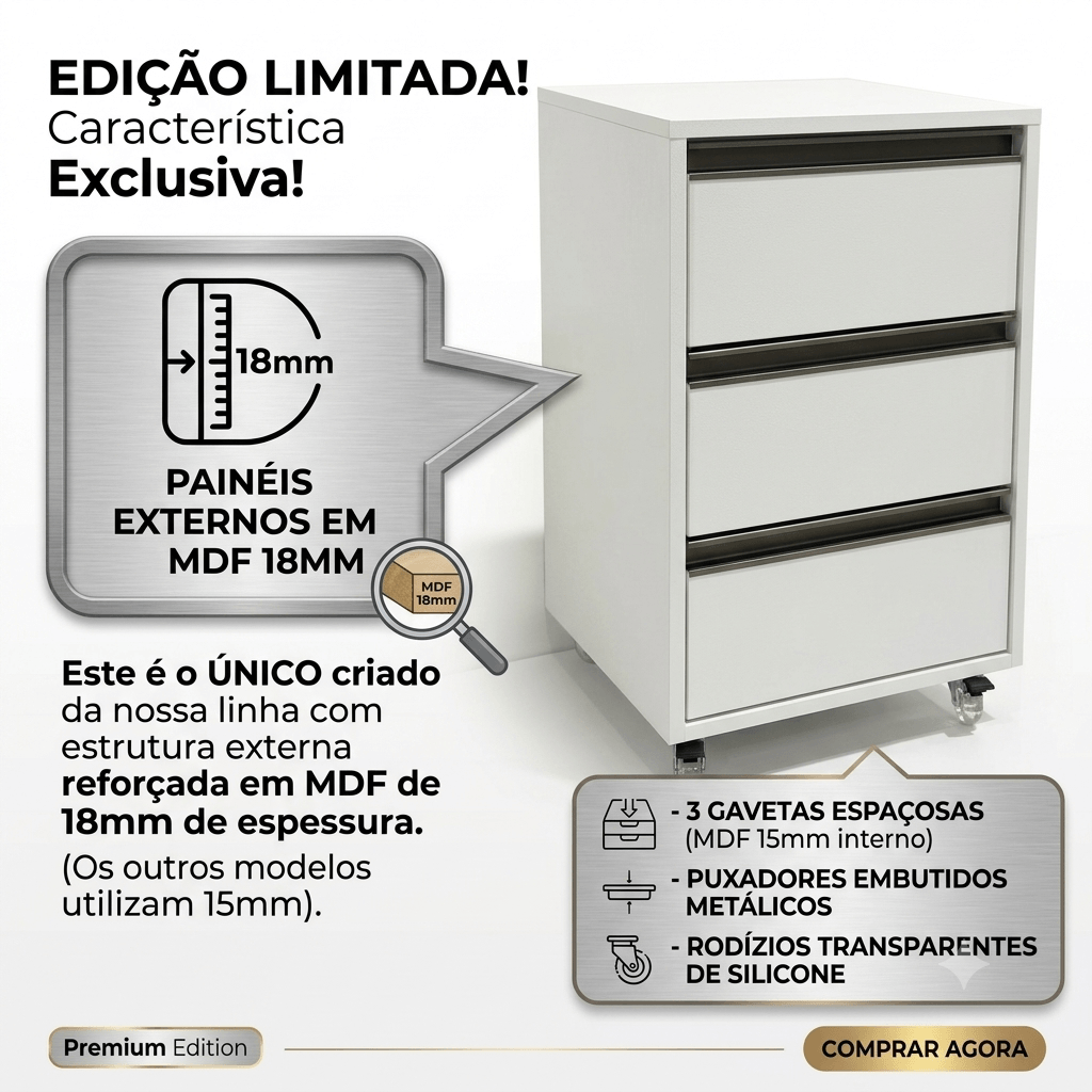 Criado-Mudo Branco TX com três gavetas, estrutura externa reforçada em MDF 18 mm, puxadores metálicos embutidos e rodízios de silicone da Fix Home BR.