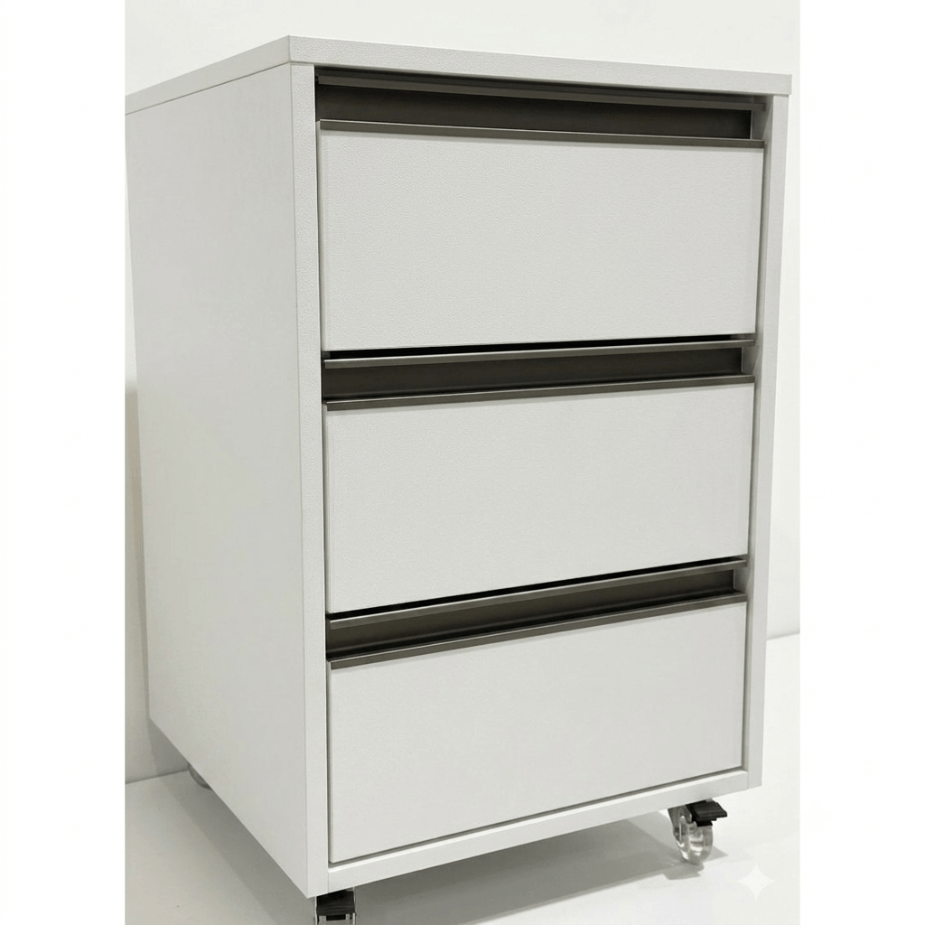 Criado-mudo com 3 gavetas e rodinhas na cor Branco TX, fabricado em MDF pela FIX HOME BR.