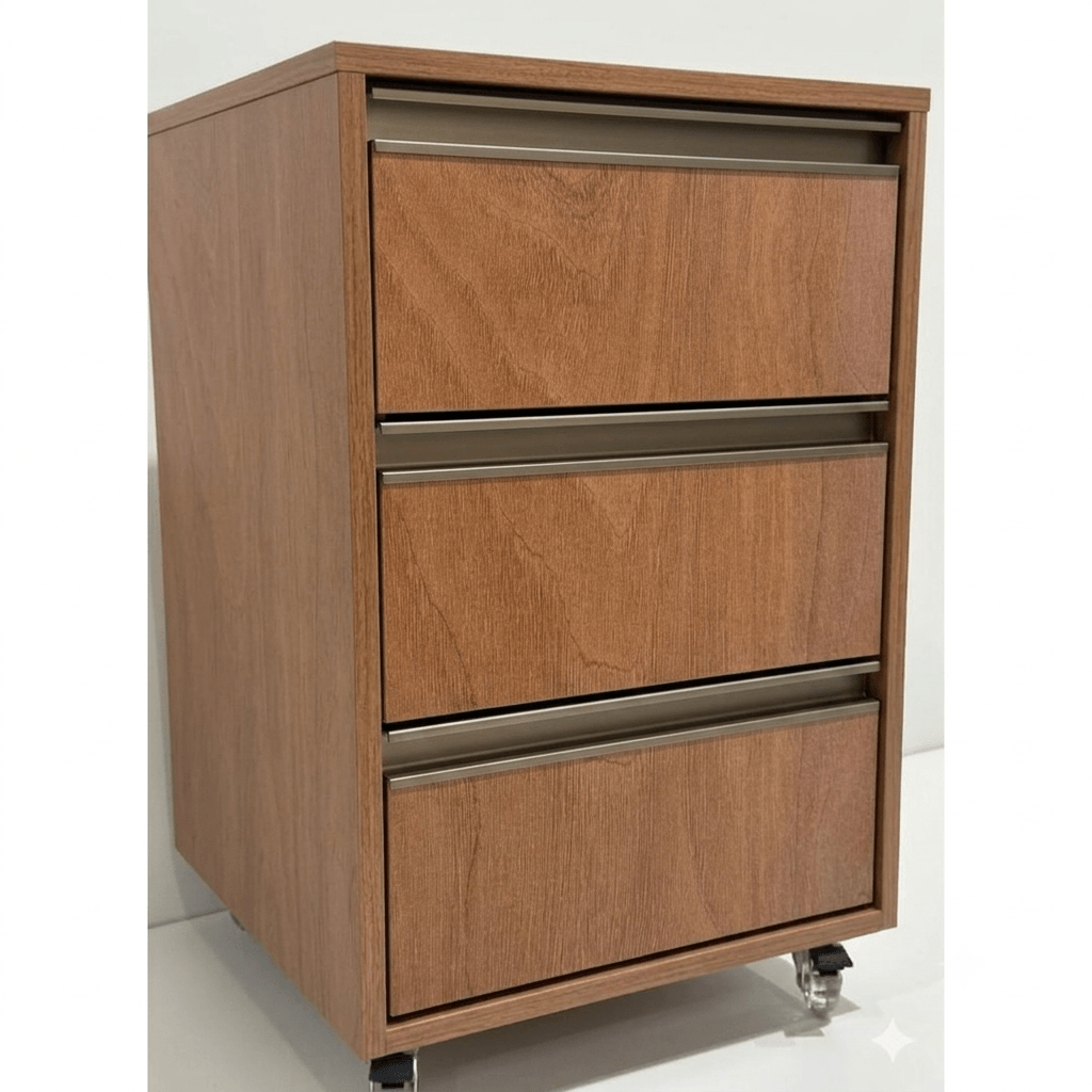 Criado-mudo com 3 gavetas e rodinhas na cor Peroba Rosa, fabricado em MDF pela FIX HOME BR.