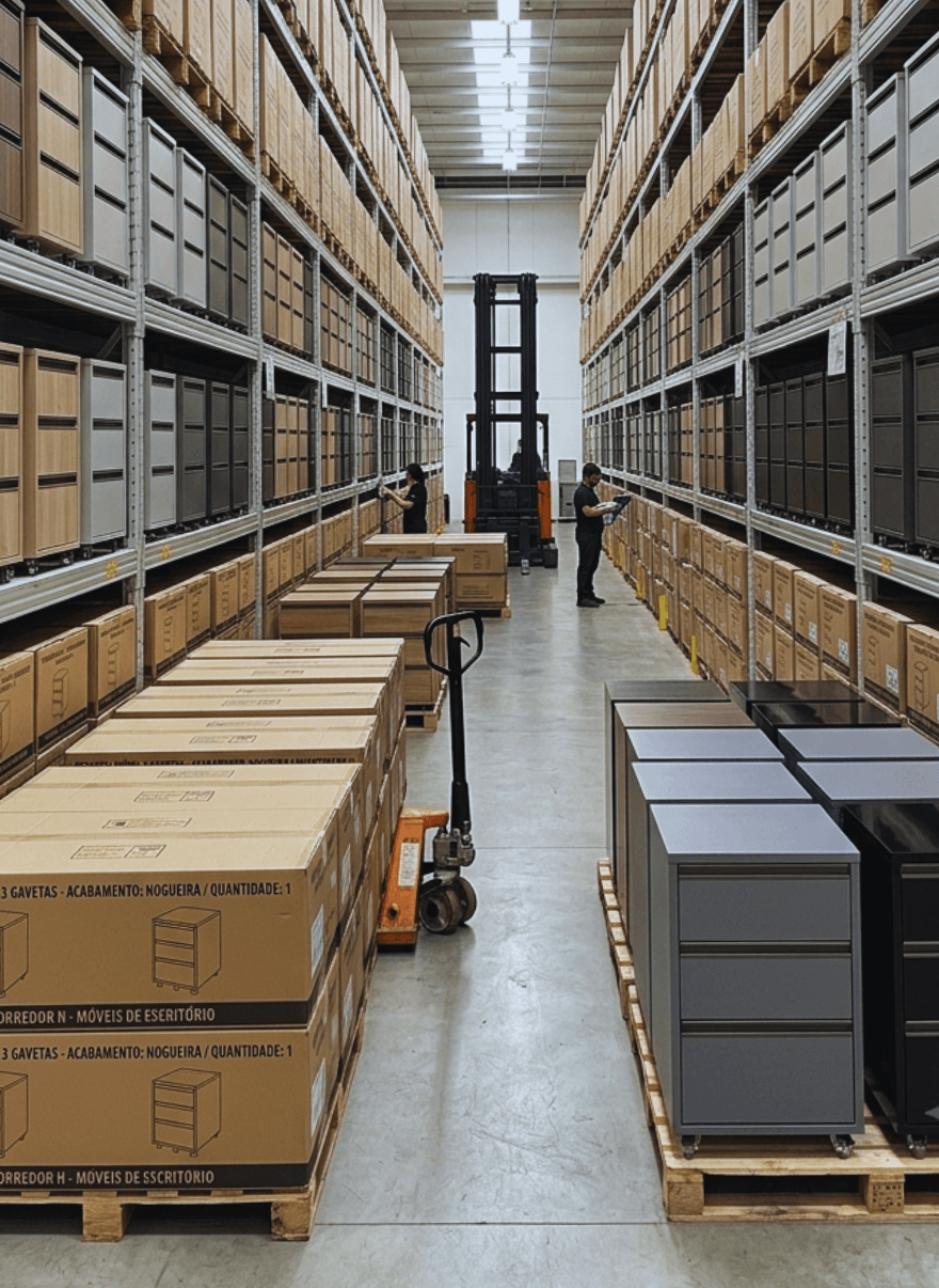 Centro de distribuição da FIX HOME BR com grande estoque de criados-mudos em MDF organizados em porta-paletes e produtos prontos para envio.