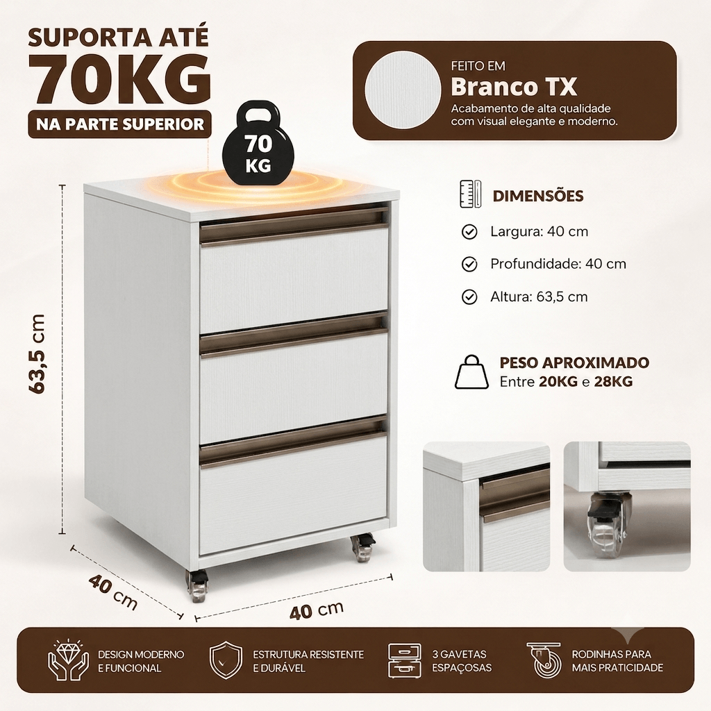 Criado-Mudo Branco TX 3 gavetas com medidas de 40 x 40 x 63,5 cm, suporta até 70 kg, acabamento Branco TX e rodízios transparentes de silicone.